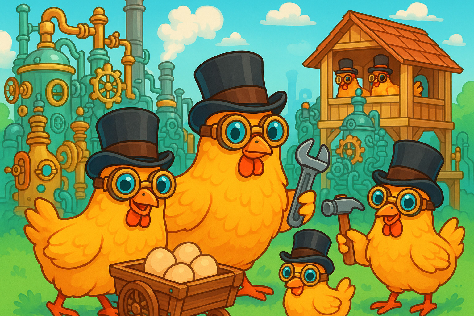 Cartoon steampunk chickens wearing goggles and top hats operating a whimsical gear-powered farm