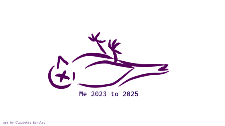 Purple line art of a bird lying belly-up with X eyes, representing mental and emotional collapse. Caption: ‘Me 2023 to 2025’. Artwork by Claudette Bentley.