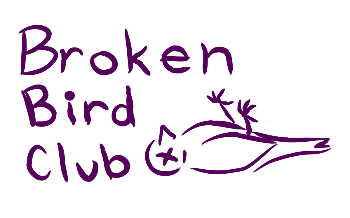 Hand-drawn purple logo for Broken Bird Club showing the words ‘Broken Bird Club’ beside a simple sketch of a bird lying on its back with Xs for eyes.