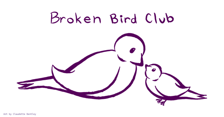 Purple line drawing of a mama bird and baby bird facing each other with gentle expressions, with the title Broken Bird Club.